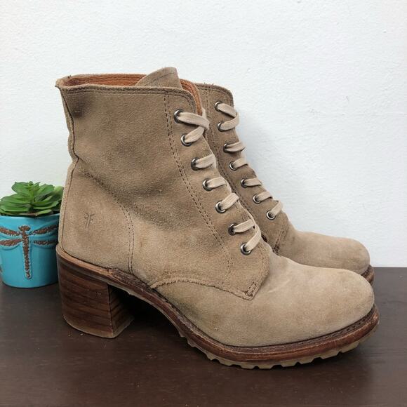 Frye Sabrina 6G Suede Leather Lace Up Bootie In Beige Women's Size 6M - Picture 2 of 13